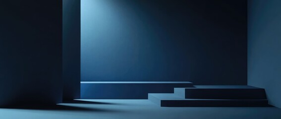 Dark blue interior scene with elevated platform