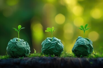 Three small green plants sprout from crumpled paper balls on a log, soft-focused background of nature