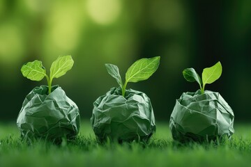 Three small green plants sprout from crumpled paper balls on a grassy field