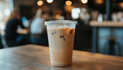 Iced coffee in clear plastic cup on light wooden table, cafe setting blurred background