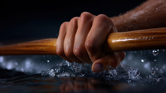 Close up of hand gripping oar, splashing water in motion, showcasing strength and determination