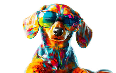 A whimsical dachshund puppy sporting vibrant rainbow colors and cool sunglasses against a stark transparent background creates a fun, modern vibe.