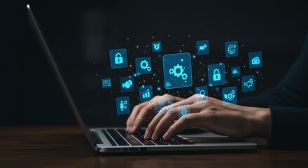 Hands typing on a laptop with digital icons floating above, representing technology and innovation