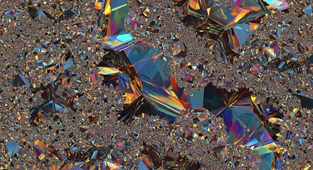 Abstract fractal pattern of shimmering iridescent crystals and gemstones with prismatic light reflections