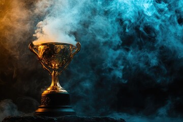 Golden trophy amidst dramatic smoke