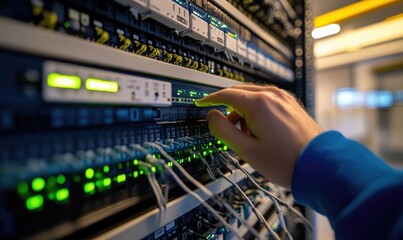 Close-up of a hand adjusting a server rack.  Green LEDs illuminate connections