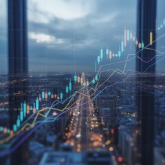 Financial graph overlaying city skyline at dusk stock market