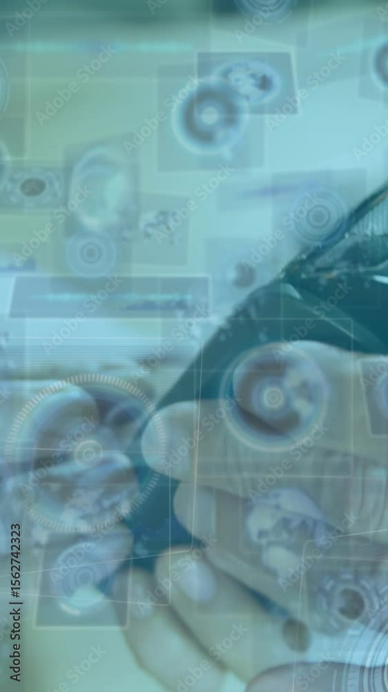 Poster animation of scopes scanning and data processing on screens over person paying with terminal