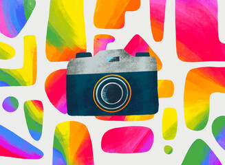 Colorful camera illustration with abstract background design