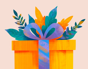 Colorful gift box with vibrant foliage and ribbon decoration