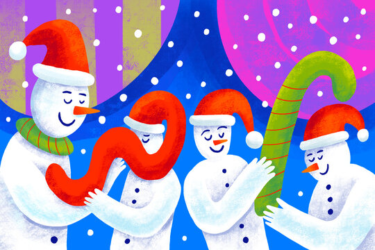 Snowmen enjoy festive activities in a colorful winter wonderland