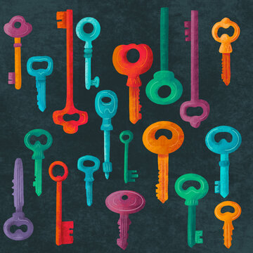 Colorful collection of decorative keys set against a dark background