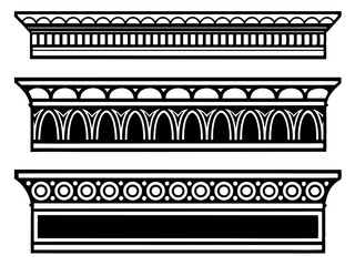 Collection of three black and white architectural decorative elements in a linear style