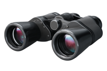 Sleek Black Binoculars with Multi-Colored Lens Reflections for Bird Watching and Outdoor Observation on Black isolated on transparent background