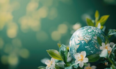 Earth nestled amongst springtime blossoms.  A serene image of a terrestrial globe, depicted in teal, surrounded by lush green foliage and delicate white blossoms.  Soft, out-of-focus green background