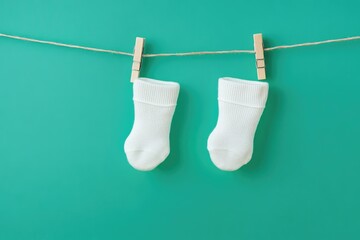 Two tiny white baby socks hang on a clothesline against a teal background
