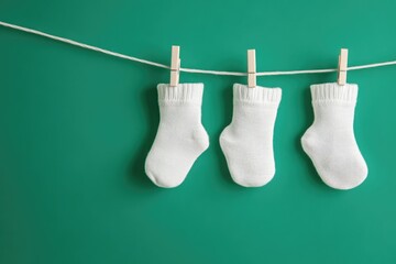 Three small, white baby socks hang on a clothesline against a teal wall