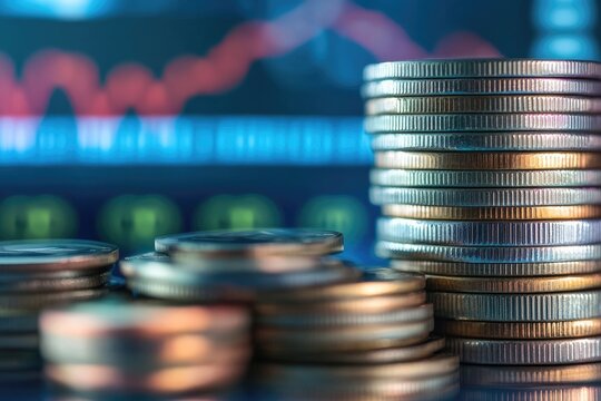 Stacks of coins in front of a blurry stock market graph.  Close-up view of various denominations of coins, in stacked piles, against a blurred background of financial charts.  