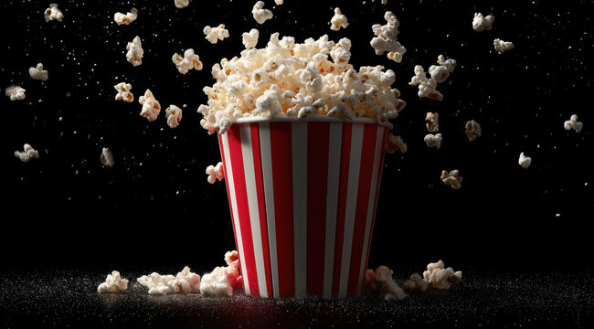 Red and white striped popcorn bucket overflows with popcorn against dark background, creating dynamic and lively scene