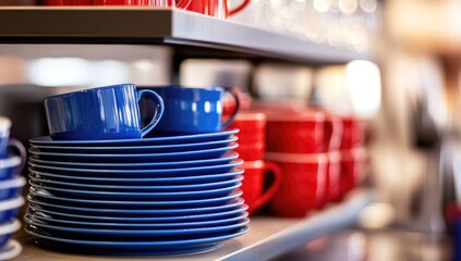 Stacked blue and red dishes on store shelves