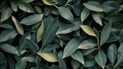 Fototapeta premium A dense collection of green and yellow leaves, forming a lush, vibrant green background.