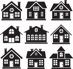Collection of simple black house icons with different architectural styles