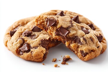 Two chocolate chip cookies, one broken in half, on a white surface.