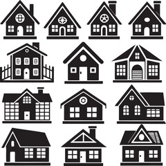 Collection of simple black house icons with different architectural styles