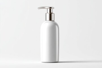 White plastic bottle with silver pump dispenser.