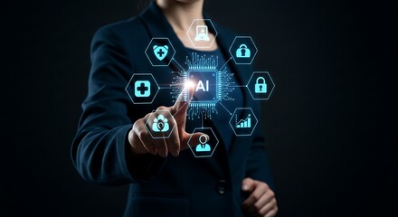 A woman interacts with a digital ai interface showing health and security icons