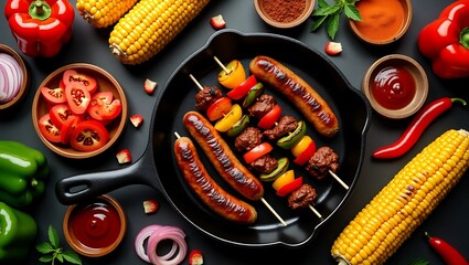 Delicious grilled sausages and vegetable skewers with corn and peppers