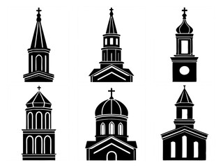 Collection of six stylized black and white church steeple and dome silhouettes