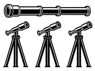 Vintage telescope and two modern telescopes on tripods isolated on white background