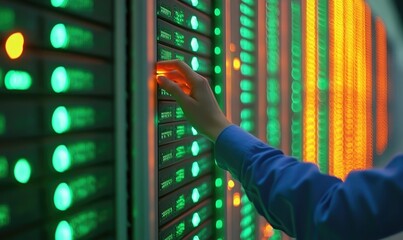 Close-up of hand pressing a button on a server rack, glowing with green and orange lights