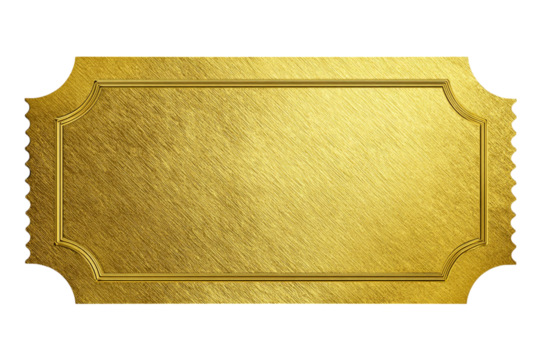 Golden ticket with ornate border, perfect for invitations, announcements isolated on transparent background