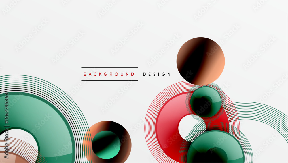 Poster abstract design features overlapping circles, curved lines. colors include red, green, black, white.