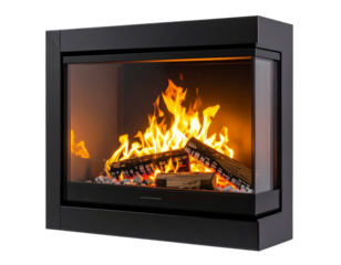 Wall-Mounted Modern Fireplace with Bright Flames, isolated on transparent background