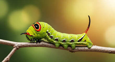 Vibrant Green Caterpillar on Branch: A Close-Up Macro Study