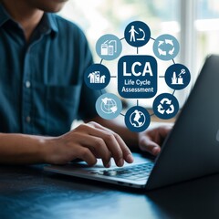 Person typing on laptop with L C A diagram hands computer