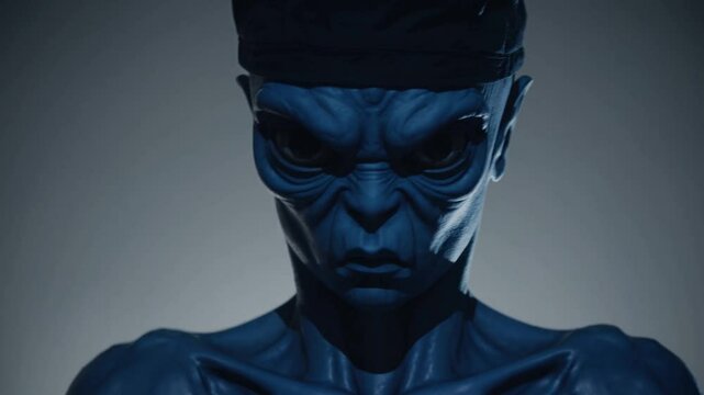 Alien au visage bleu sombre et regard intense