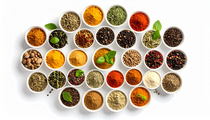 Top-down arrangement of colorful spices and herbs in small round bowls on a white background.