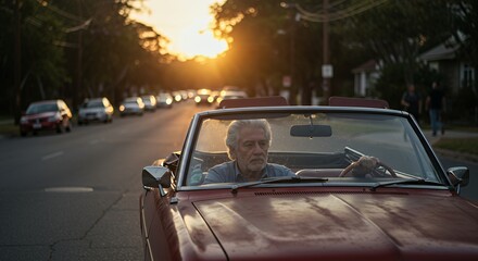 Golden sunset illuminates a senior man driving a classic convertible down a quiet residential street, enjoying a peaceful evening drive.