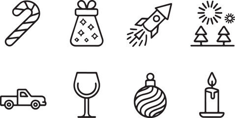 Holiday Vector Icons: Candy Cane, Gift Sack, Rocket, Trees, Car, Wine Glass, Ornament, and Candle for Festive Designs