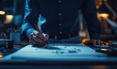 Close-up of a person sketching plans at a desk.  A person, wearing a dark shirt, meticulously works on blueprints at a table.  Soft lighting highlights the work