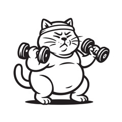 Vector illustration of a fat cat lifting dumbbells with a determined expression, funny fitness. Pet.