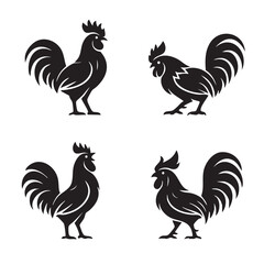 Vector illustration set of four distinct rooster poses, farm animal icon.