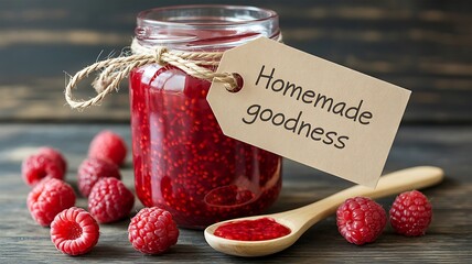 Glass jar filled with red raspberries and jam on wooden table raspberry