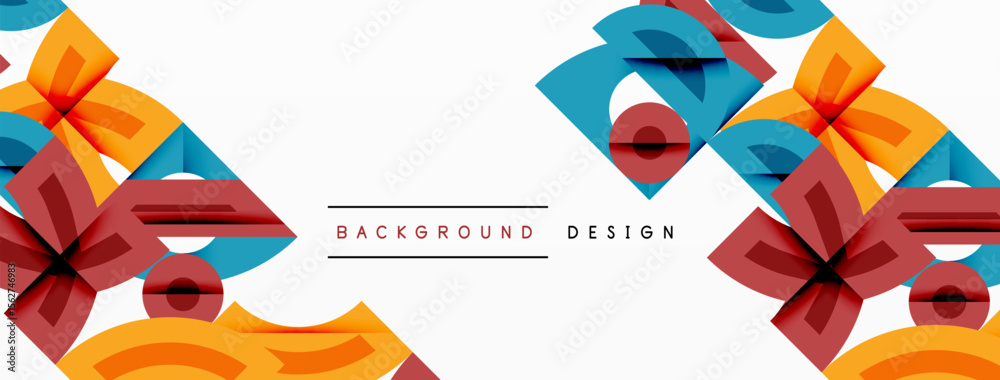 Poster Abstract geometric shapes overlap, creating vibrant colorful background. Design features layered elements, modern aesthetic.