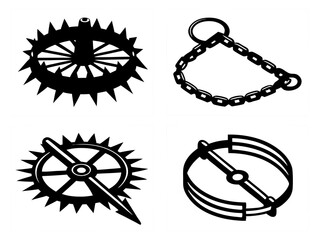 Collection of four black and white silhouette icons representing traps and restraints