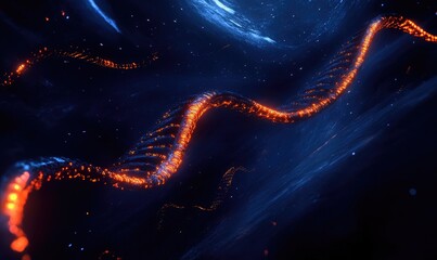 DNA strand, glowing orange/red, dark space